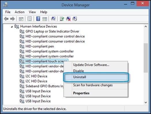 Uninstall HID-compliant touch screen in Device Manager